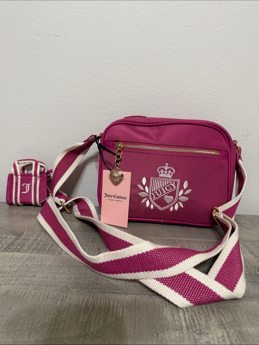 Juicy Couture Magenta Crossbody Bag with Striped Strap